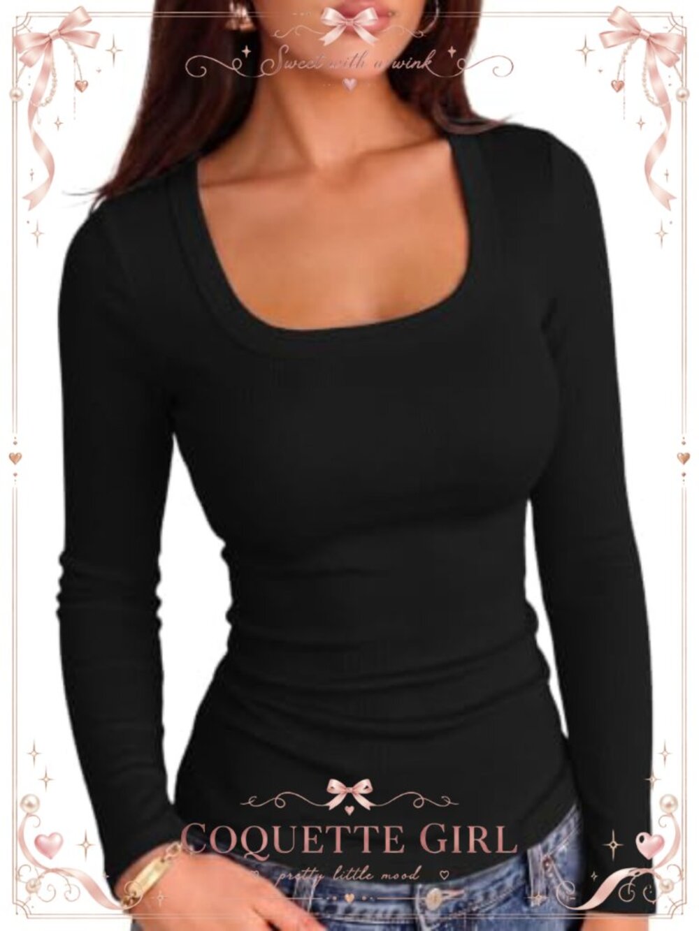 Square Neck Ribbed Knit Long Sleeve Slim Fitted Casual Top